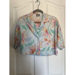 Vintage Mu Pieces Cropped Tropical Shirt Birds of Paradise Boxy Large 90s Hawaii